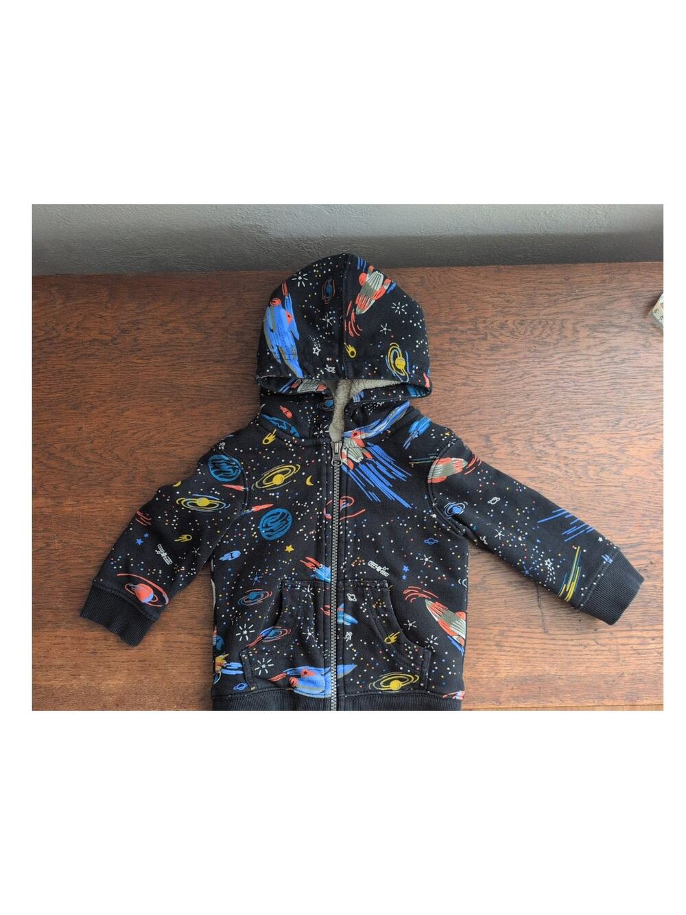 Hanna Anderson Fleece Hoodie Sweatshirt Kids 2T Black Spaceships Stars Full Zip